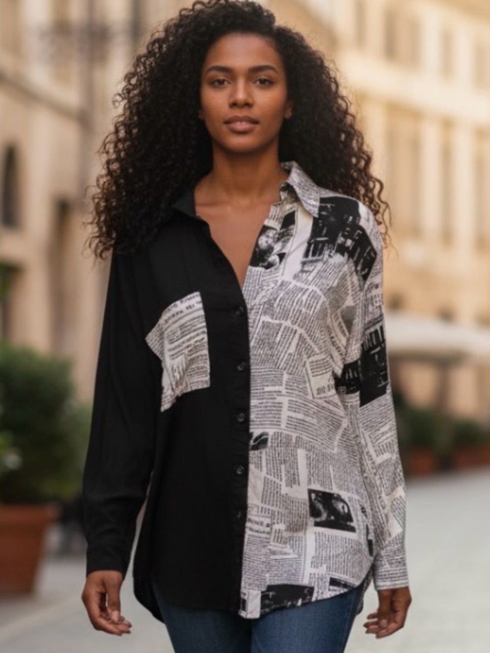 Milk & Honey Split Newspaper Print Button Down Shirt Size L Black White Roll Tab